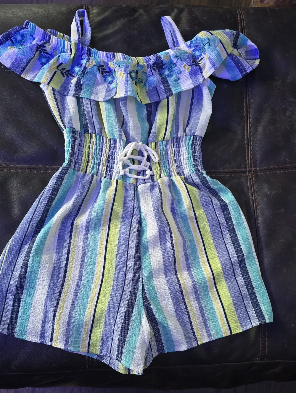 Knitworks Striped Off-Shoulder Romper in Blue, Green & White